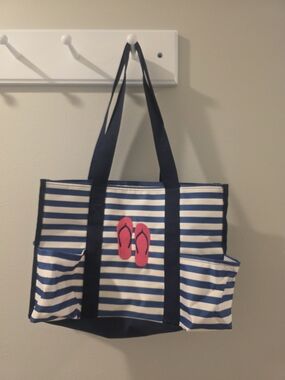 thirty-one Navy and White Striped Tote with Pink Flip-Flop Accent